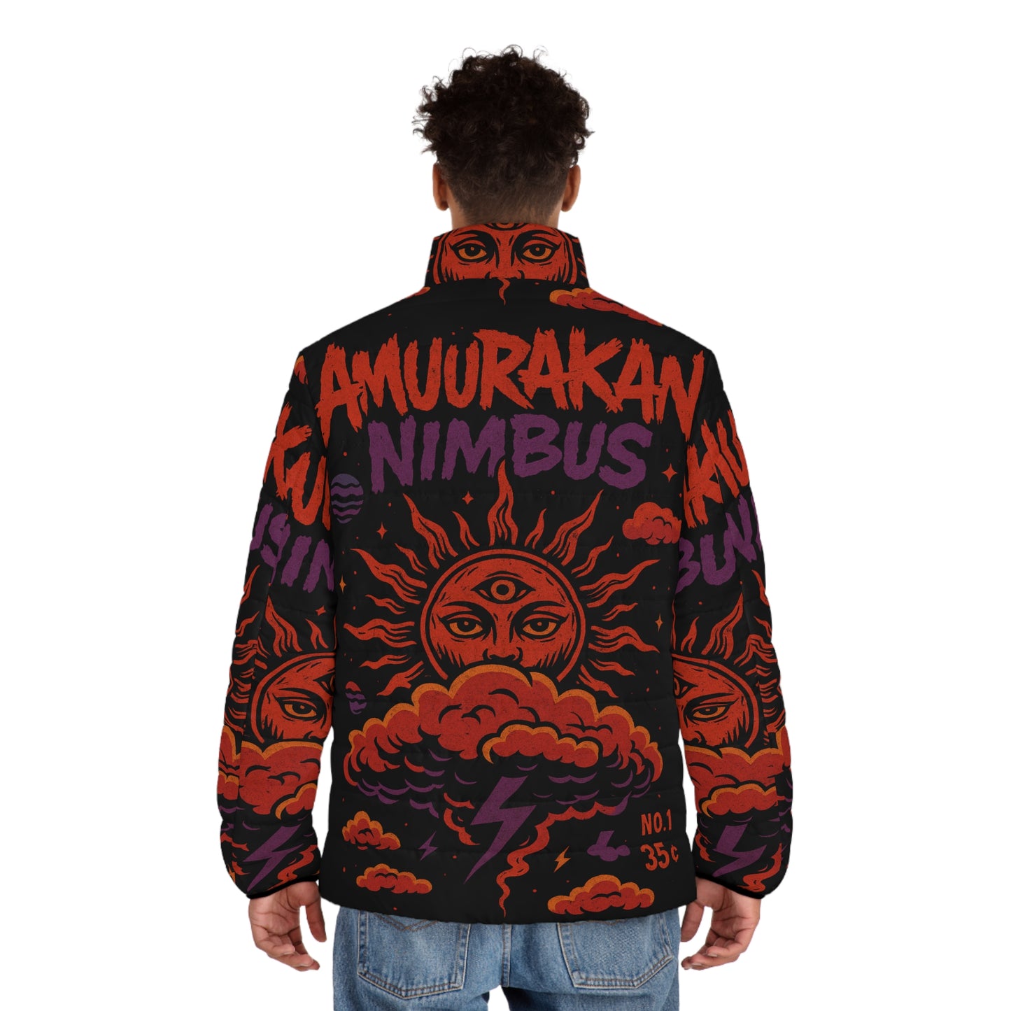 Men's Puffer Jacket with Bold Cosmic Design | Stylish Winter Outerwear, Trendy Jacket for Men, Streetwear, Graphic Jacket