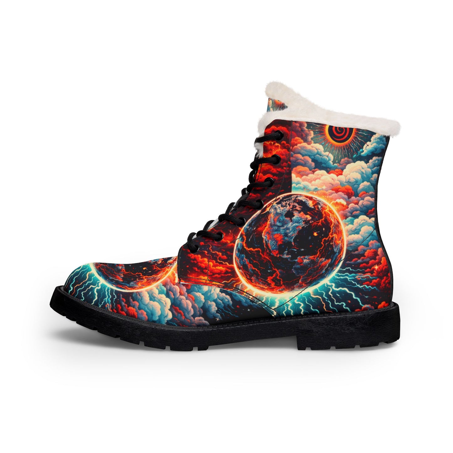 Men's Fur-Lined Leather Boots — Fiery Planet Graphic Winter Boots