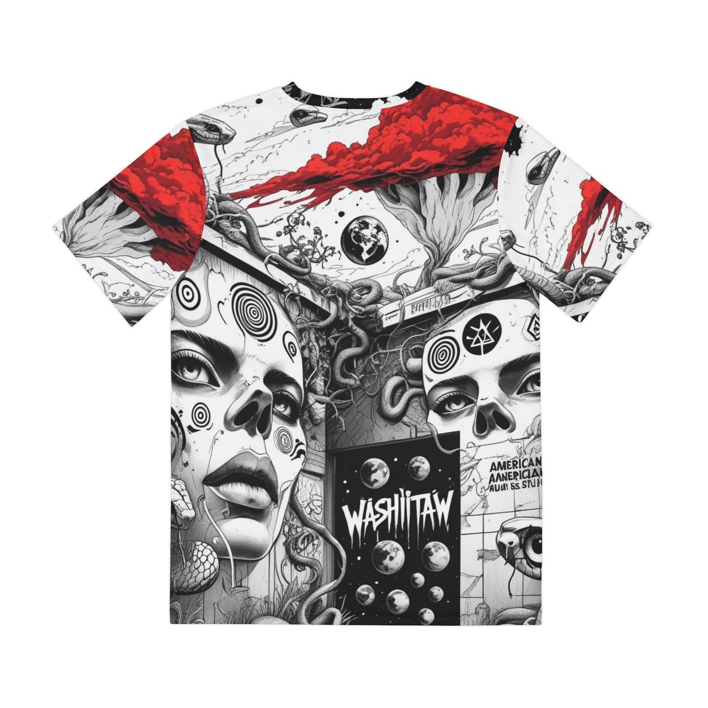 Surreal Skull & Snake All-Over Print Tee — Red Accent Psychedelic Graphic Shirt
