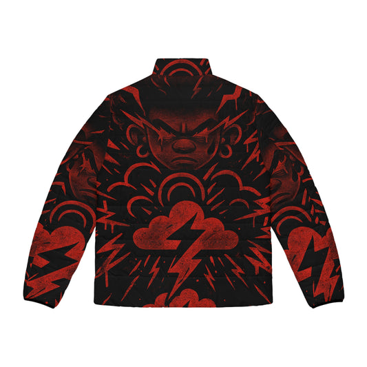 Bold Graphic Men's Puffer Jacket | Artistic Outerwear, Trendy Warmth, Casual Style, Streetwear, Unique Gift for Him