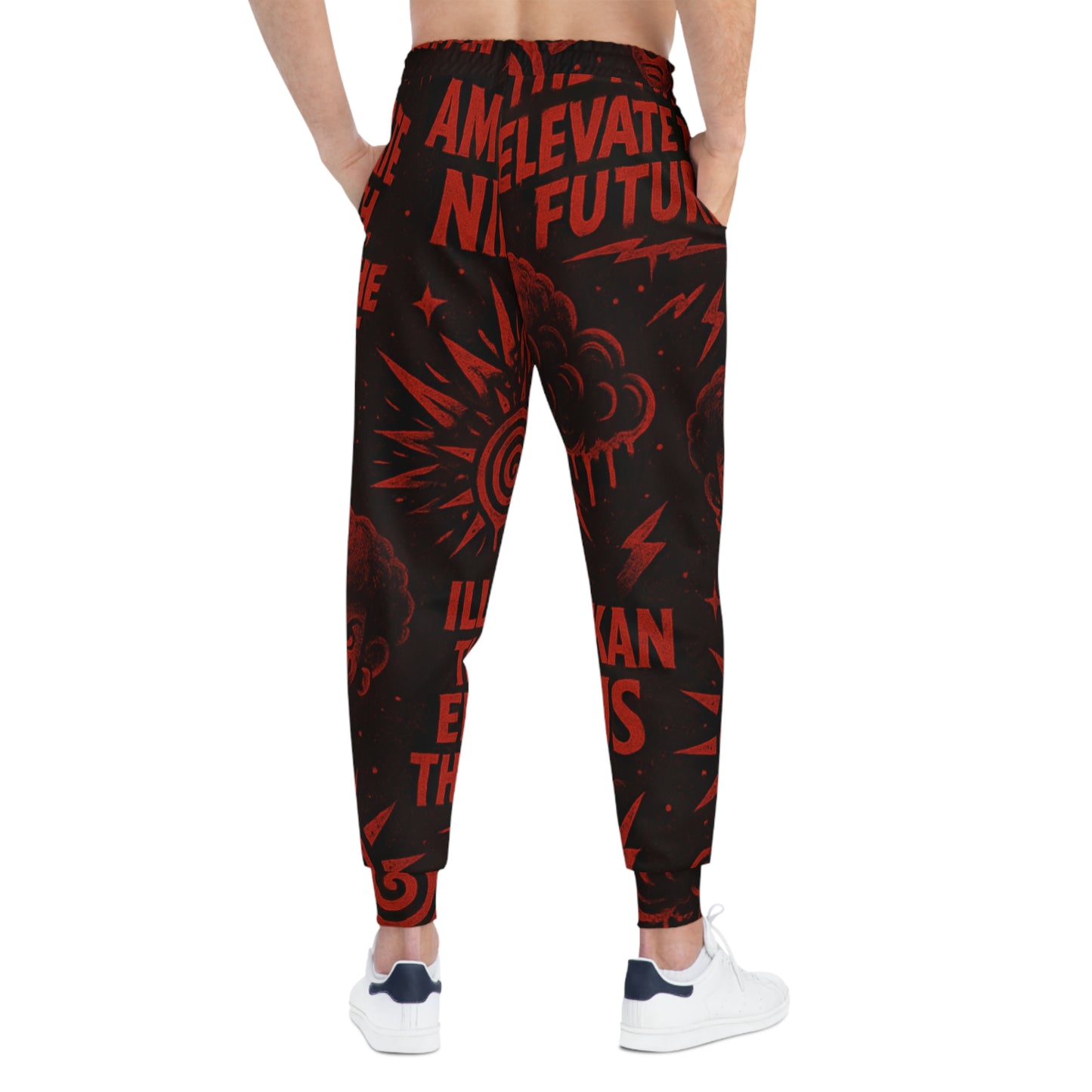 Red Typography Graphic Joggers — "Illuminate the Future" Athletic Sweatpants