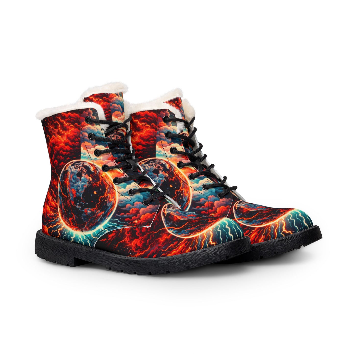 Men's Fur-Lined Leather Boots — Fiery Planet Graphic Winter Boots