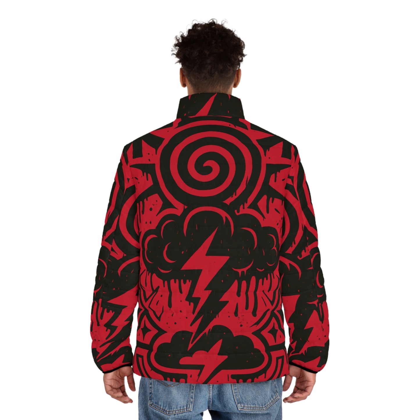 Bold Graphic Men's Puffer Jacket, Trendy Outerwear, Streetwear Style, Unique Design, Gift for Him, Casual Fashion