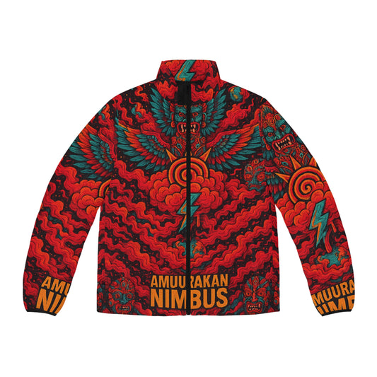 Nimbus Lightning Puffer Jacket — Bold Red Tribal Storm Graphic