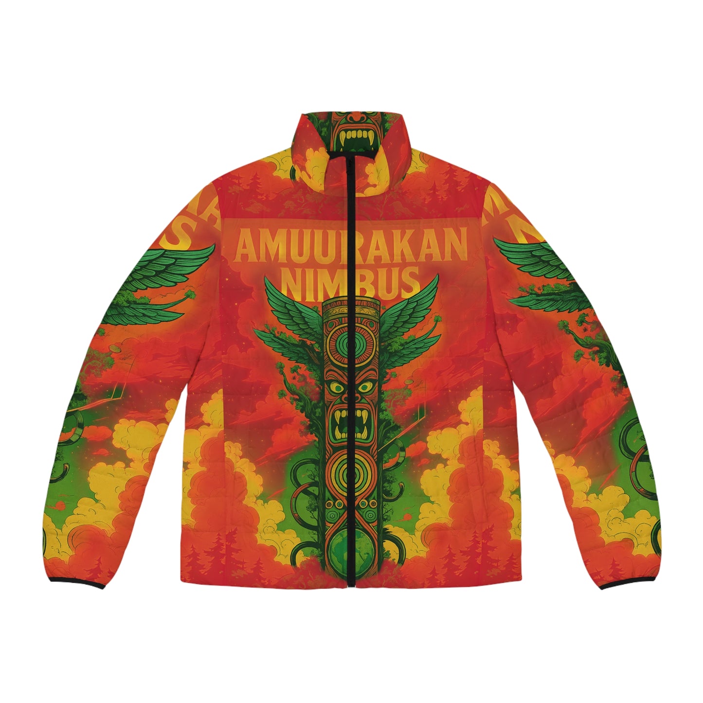 Men's Puffer Jacket with Bold Graphic Print, Unique Outerwear for Adventures, Vibrant Urban Style, Gift for Him, Fall Fashion Essential