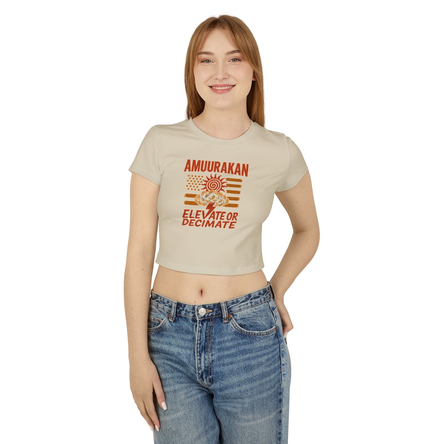Women's Baby Tee: Amurakan Elevate or Decimate, Trendy Crop Top, Casual Wear, Festival Outfit, Perfect Gift for Her