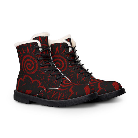 Men's Red Swirl Fur-Lined Leather Boots — Warm Winter Combat Style