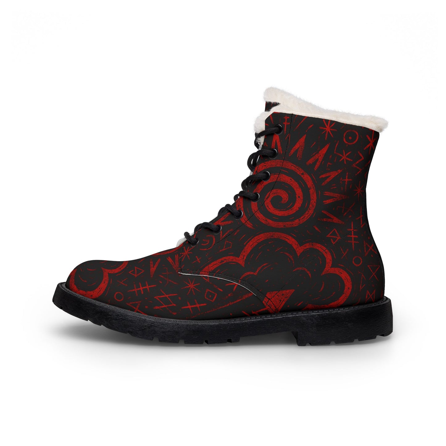 Men's Red Swirl Fur-Lined Leather Boots — Warm Winter Combat Style