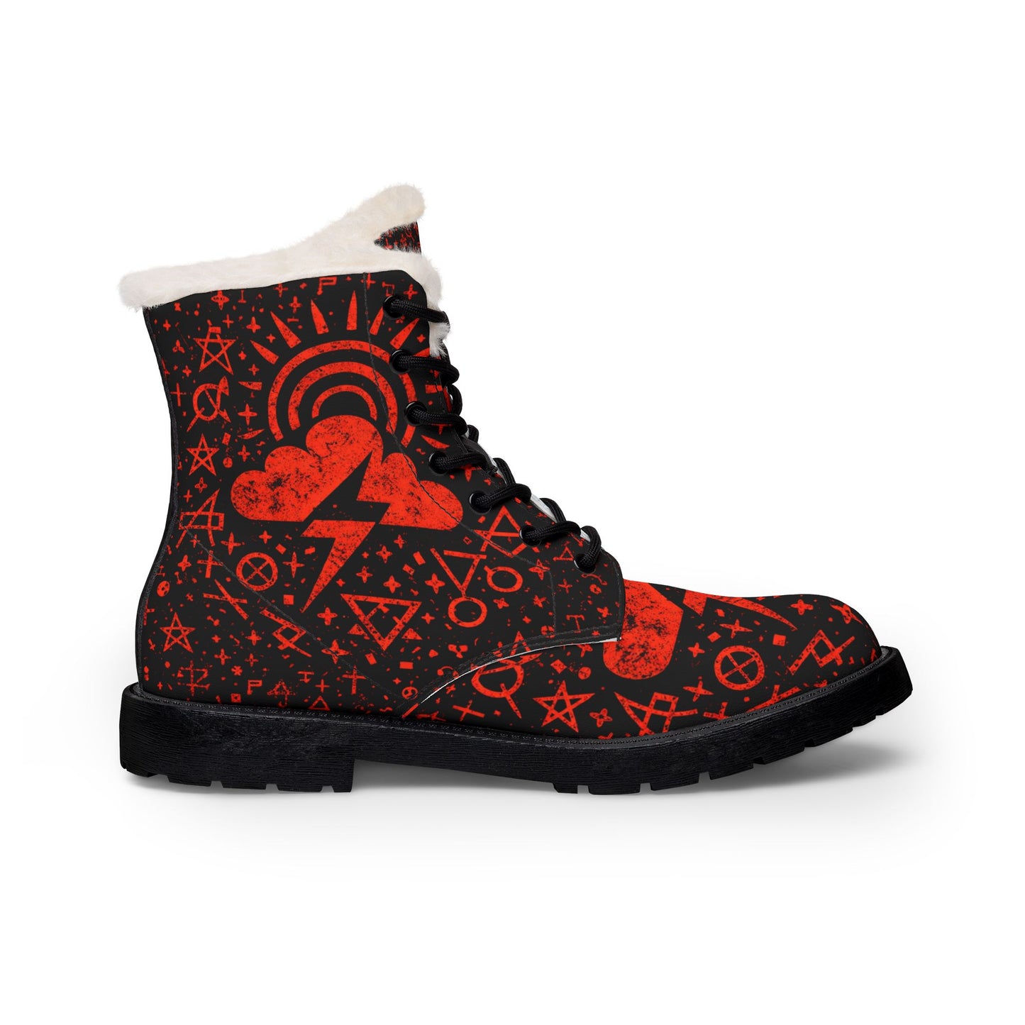 Men's Red Gothic Heart Lightning Fur-Lined Leather Boots