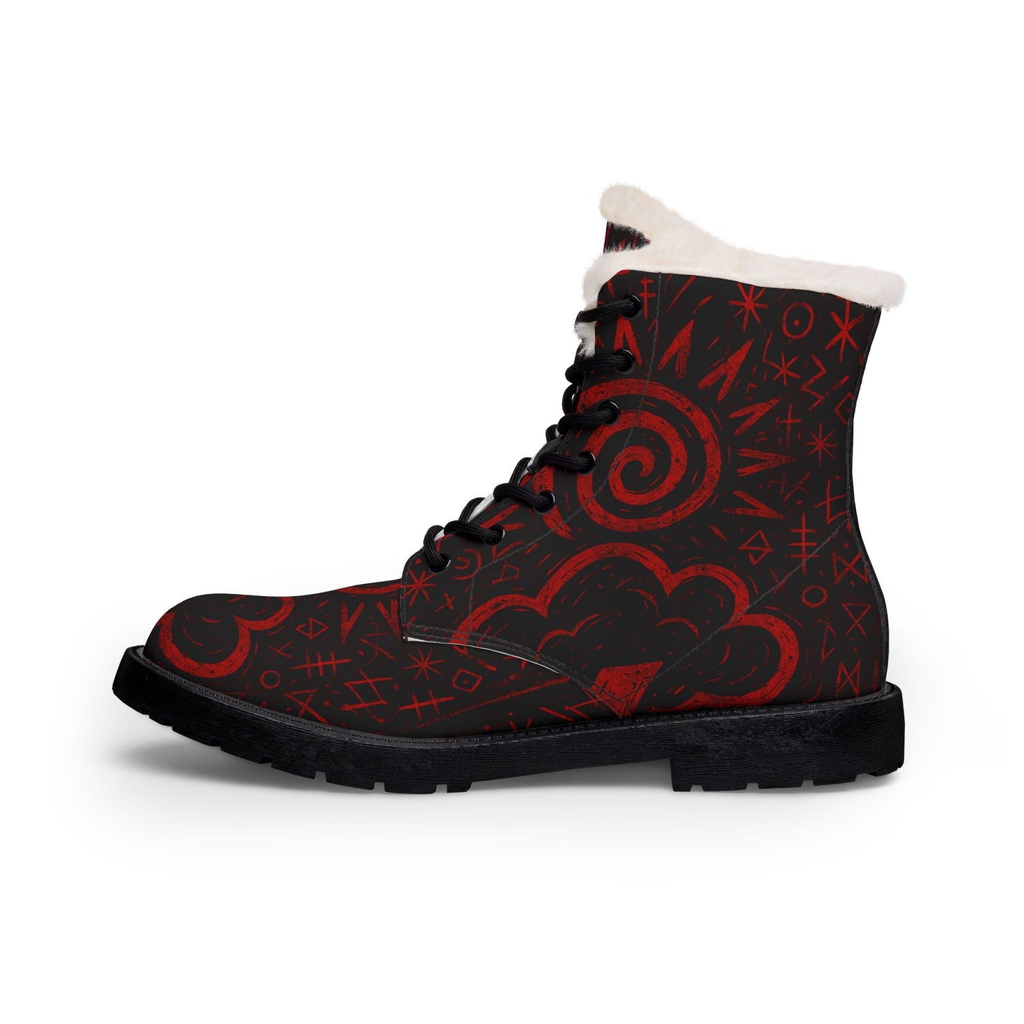 Men's Red Swirl Fur-Lined Leather Boots — Warm Winter Combat Style