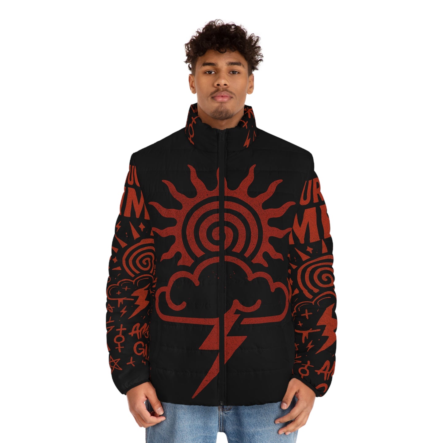 Nimbus Storm Puffer Jacket — Red Lightning Graphic AOP