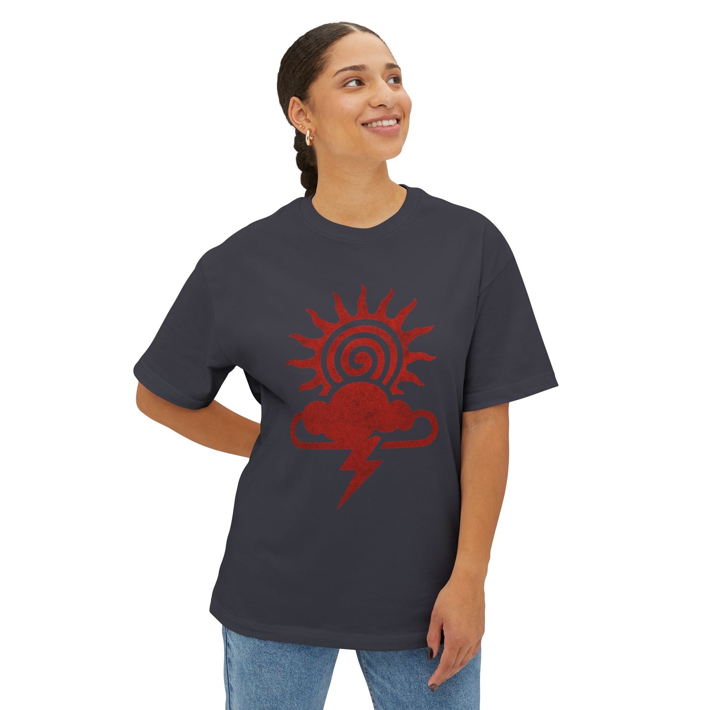 Weather-Themed Unisex Oversized Tee, Fun Graphic Top, Casual Summer Wear, Gift for Weather Lovers, Cloud and Sun Design