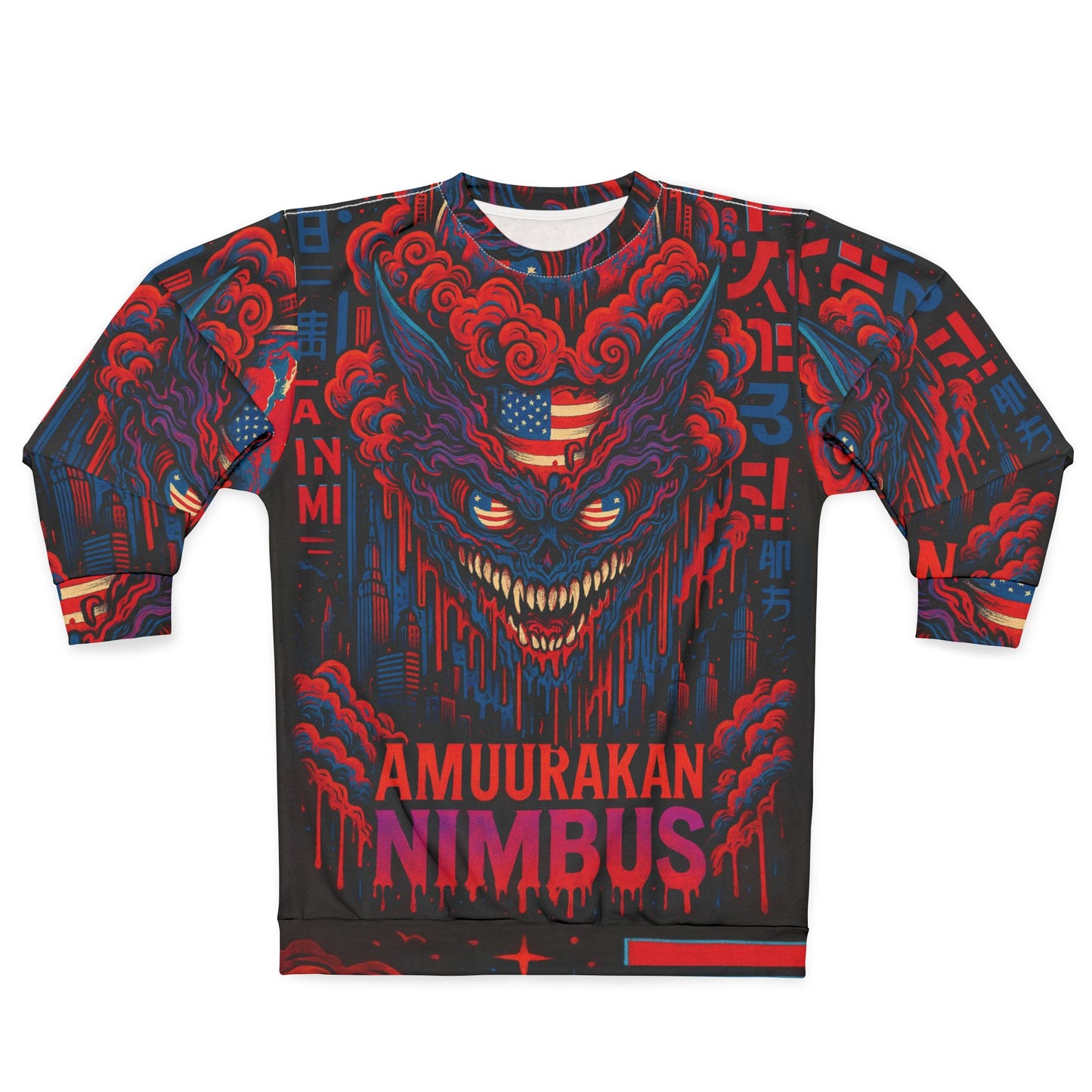 Nimbus Demon Crewneck Sweatshirt — Red & Blue Japanese Oni Graphic