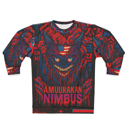 Nimbus Demon Crewneck Sweatshirt — Red & Blue Japanese Oni Graphic