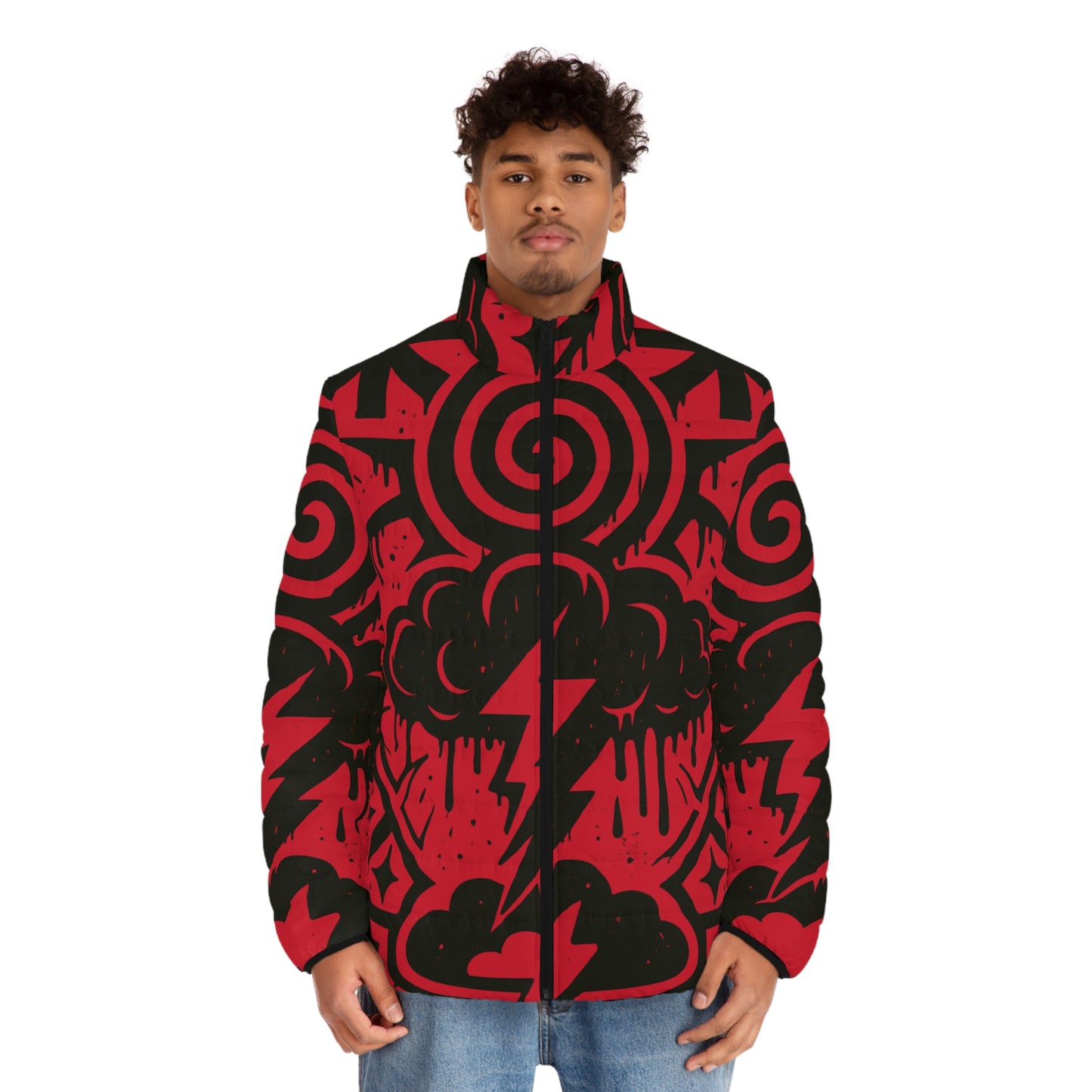 Bold Graphic Men's Puffer Jacket, Trendy Outerwear, Streetwear Style, Unique Design, Gift for Him, Casual Fashion