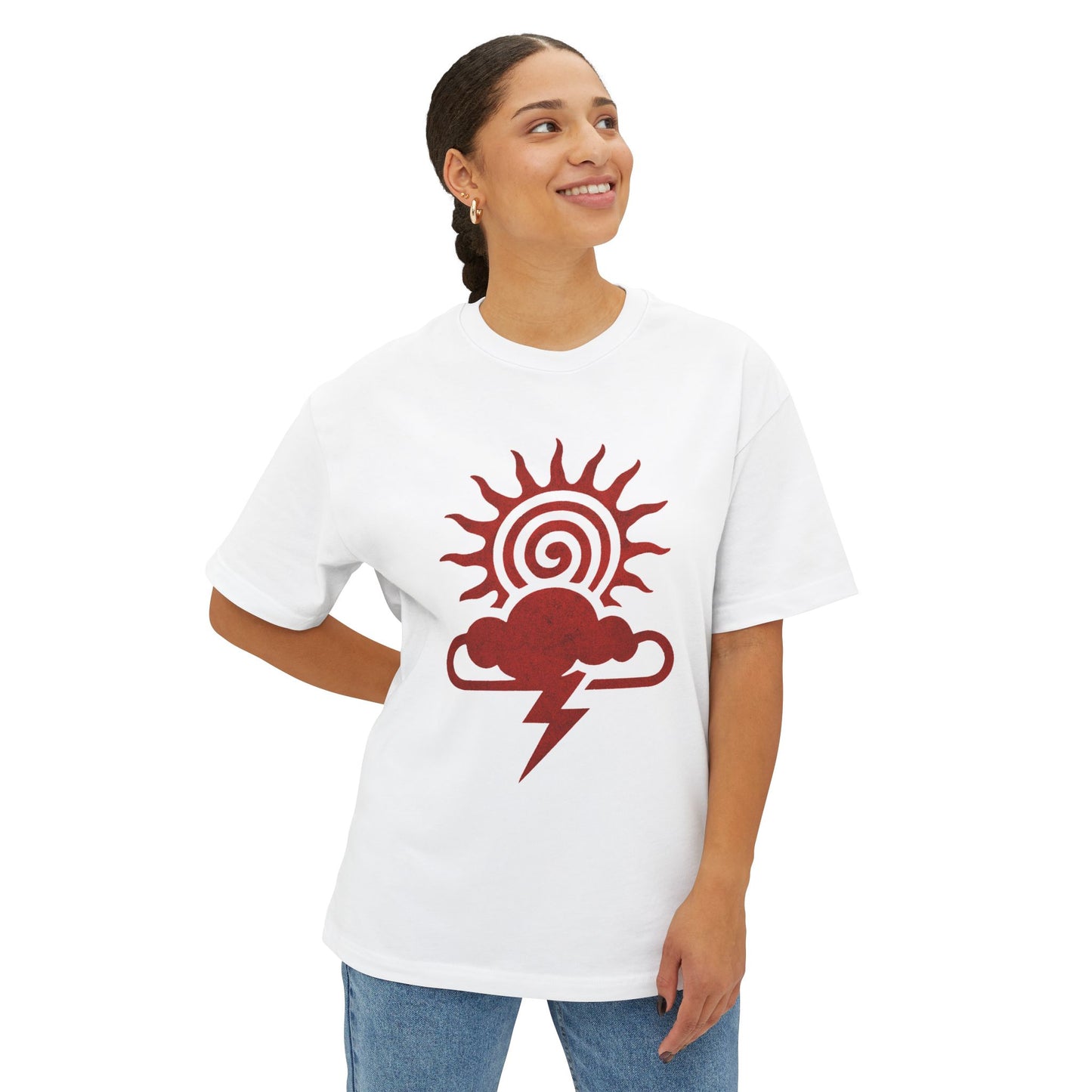 Weather-Themed Unisex Oversized Tee, Fun Graphic Top, Casual Summer Wear, Gift for Weather Lovers, Cloud and Sun Design