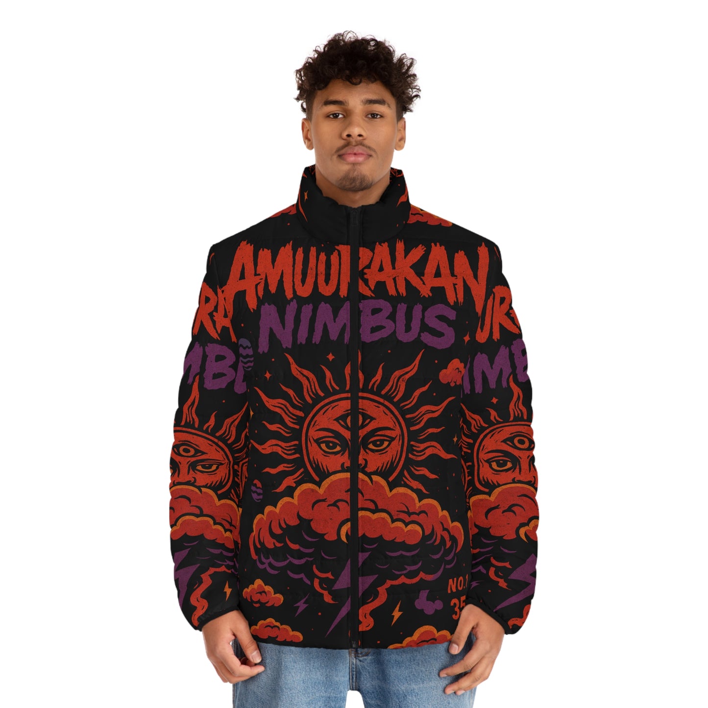 Men's Puffer Jacket with Bold Cosmic Design | Stylish Winter Outerwear, Trendy Jacket for Men, Streetwear, Graphic Jacket