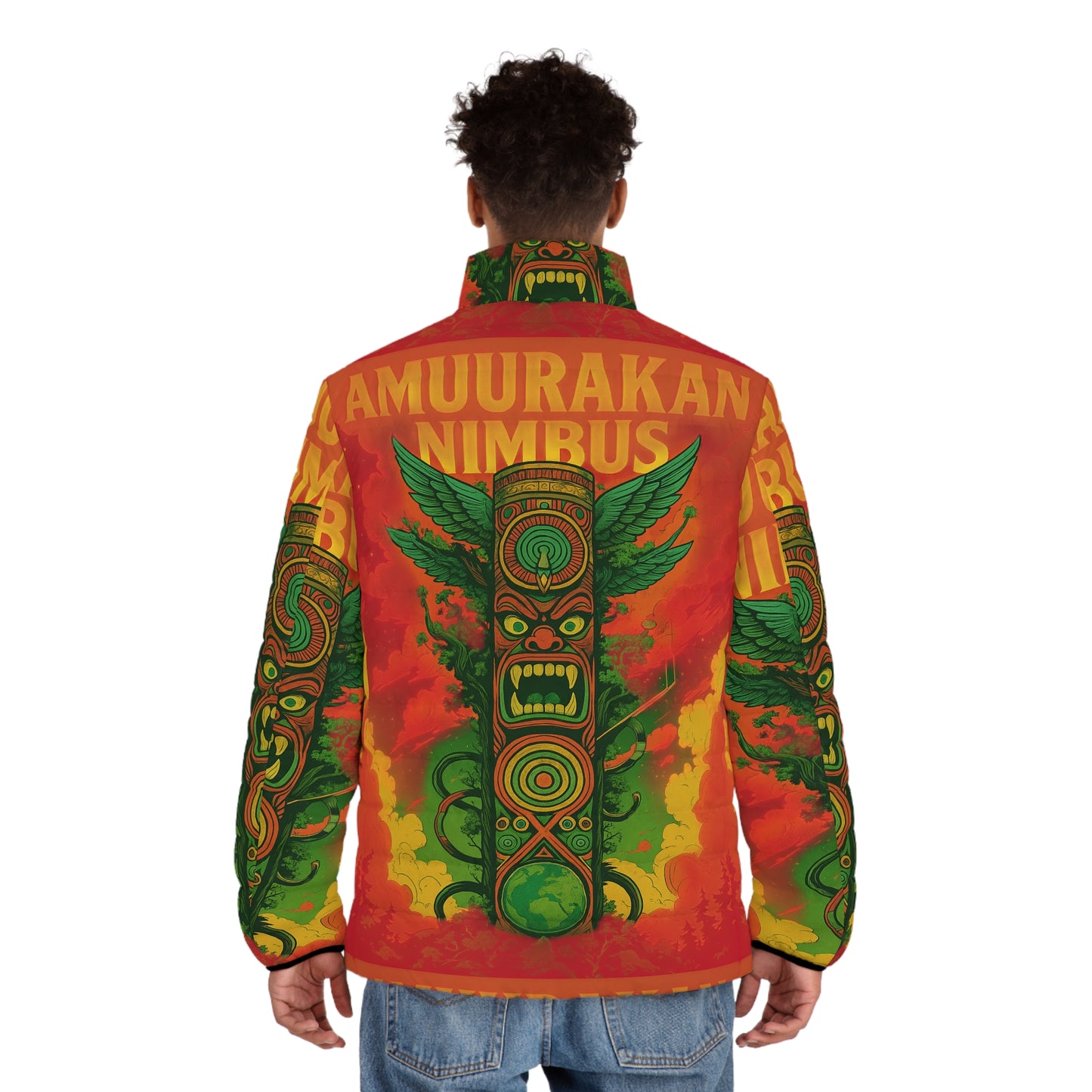 Men's Puffer Jacket with Bold Graphic Print, Unique Outerwear for Adventures, Vibrant Urban Style, Gift for Him, Fall Fashion Essential