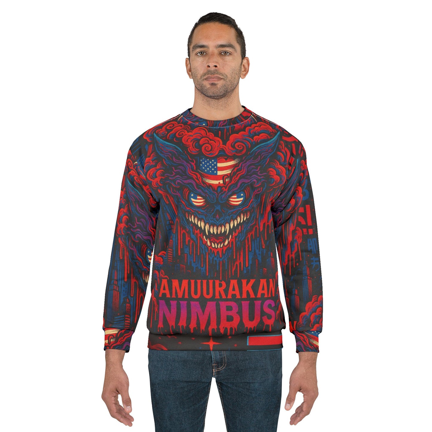 Nimbus Demon Crewneck Sweatshirt — Red & Blue Japanese Oni Graphic