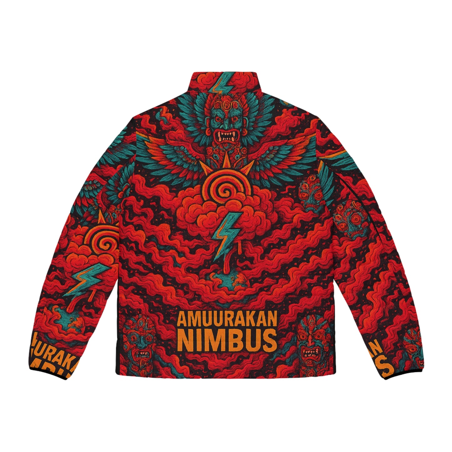 Nimbus Lightning Puffer Jacket — Bold Red Tribal Storm Graphic