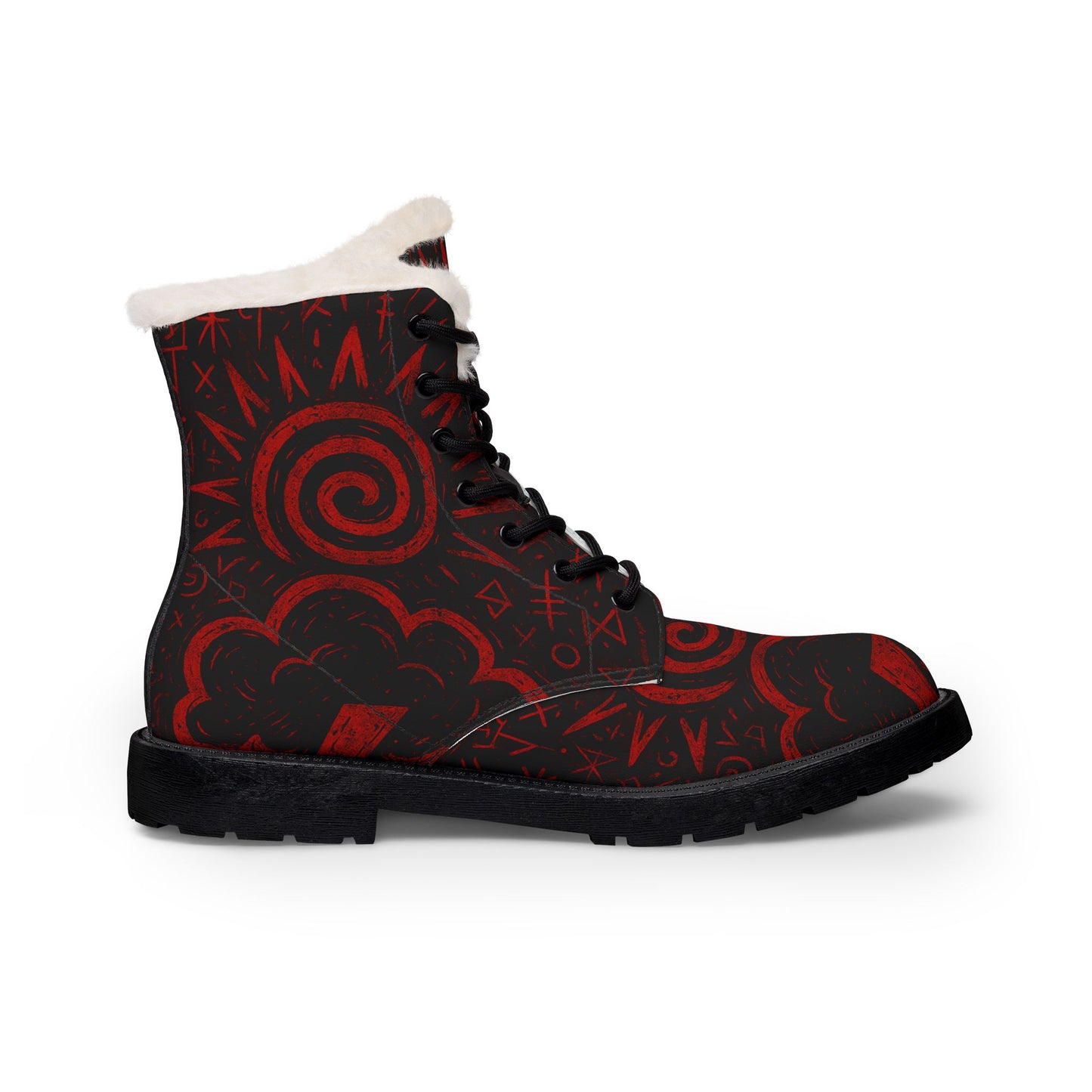 Men's Red Swirl Fur-Lined Leather Boots — Warm Winter Combat Style