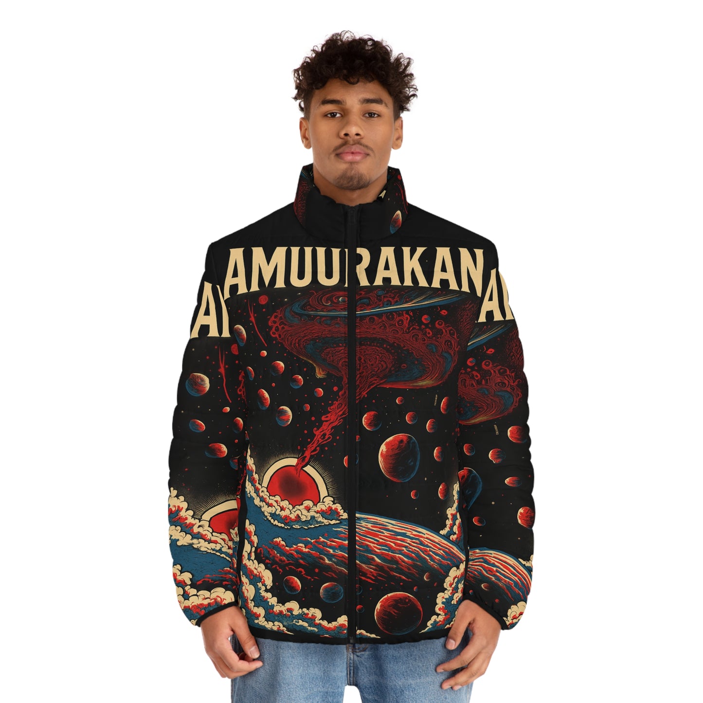 Cosmic Storm Puffer Jacket — AMUURAKAN Retro Space Graphic