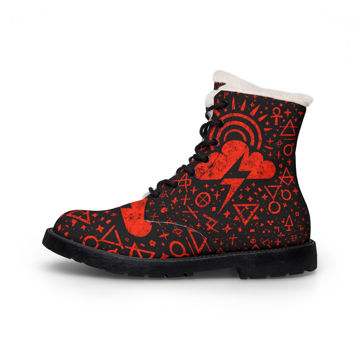 Men's Red Gothic Heart Lightning Fur-Lined Leather Boots