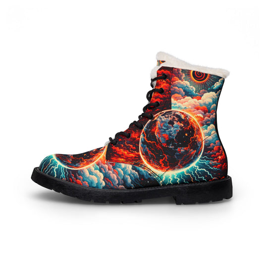 Men's Fur-Lined Leather Boots — Fiery Planet Graphic Winter Boots