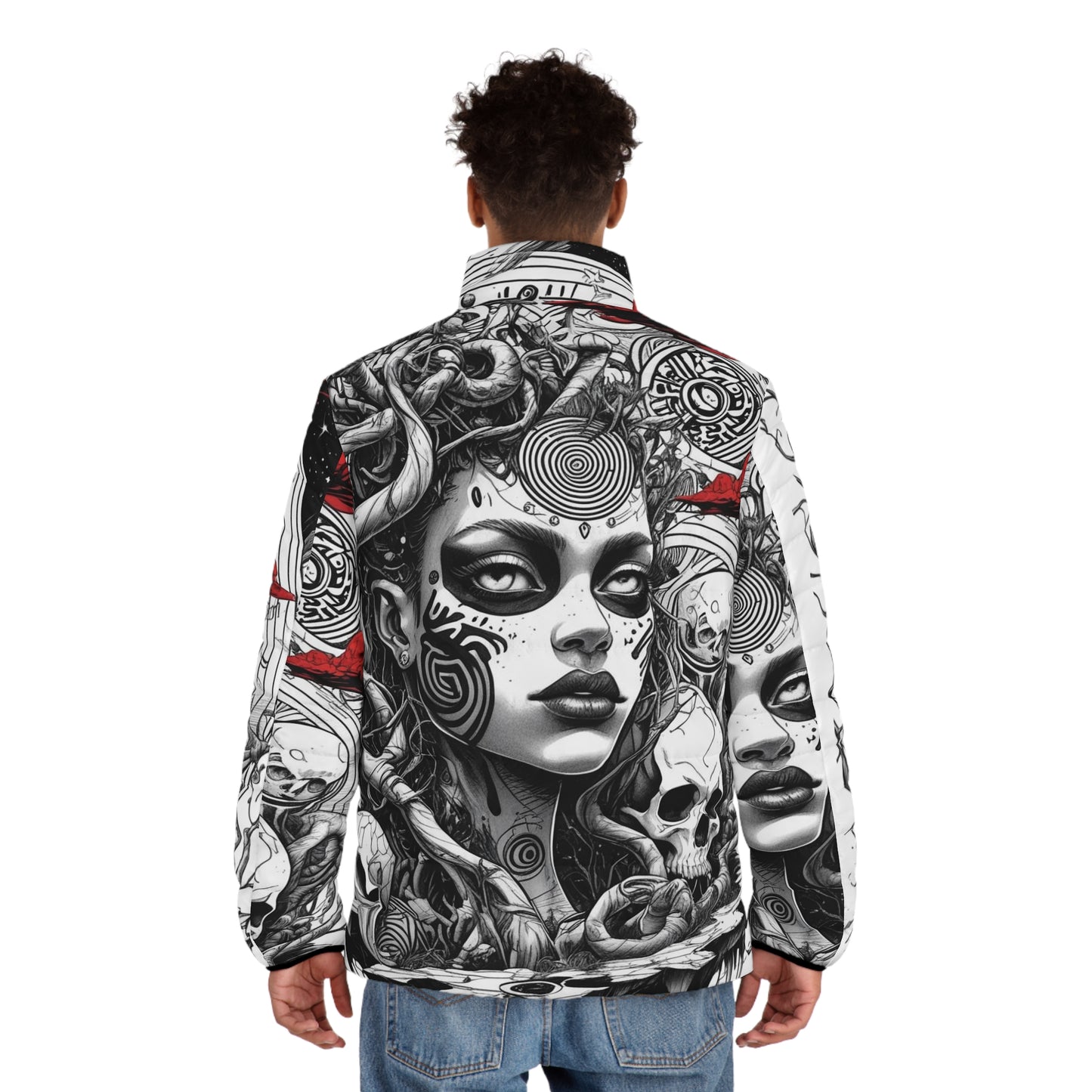 Skull Medusa Puffer Jacket — Gothic All-Over Print Men’s Jacket