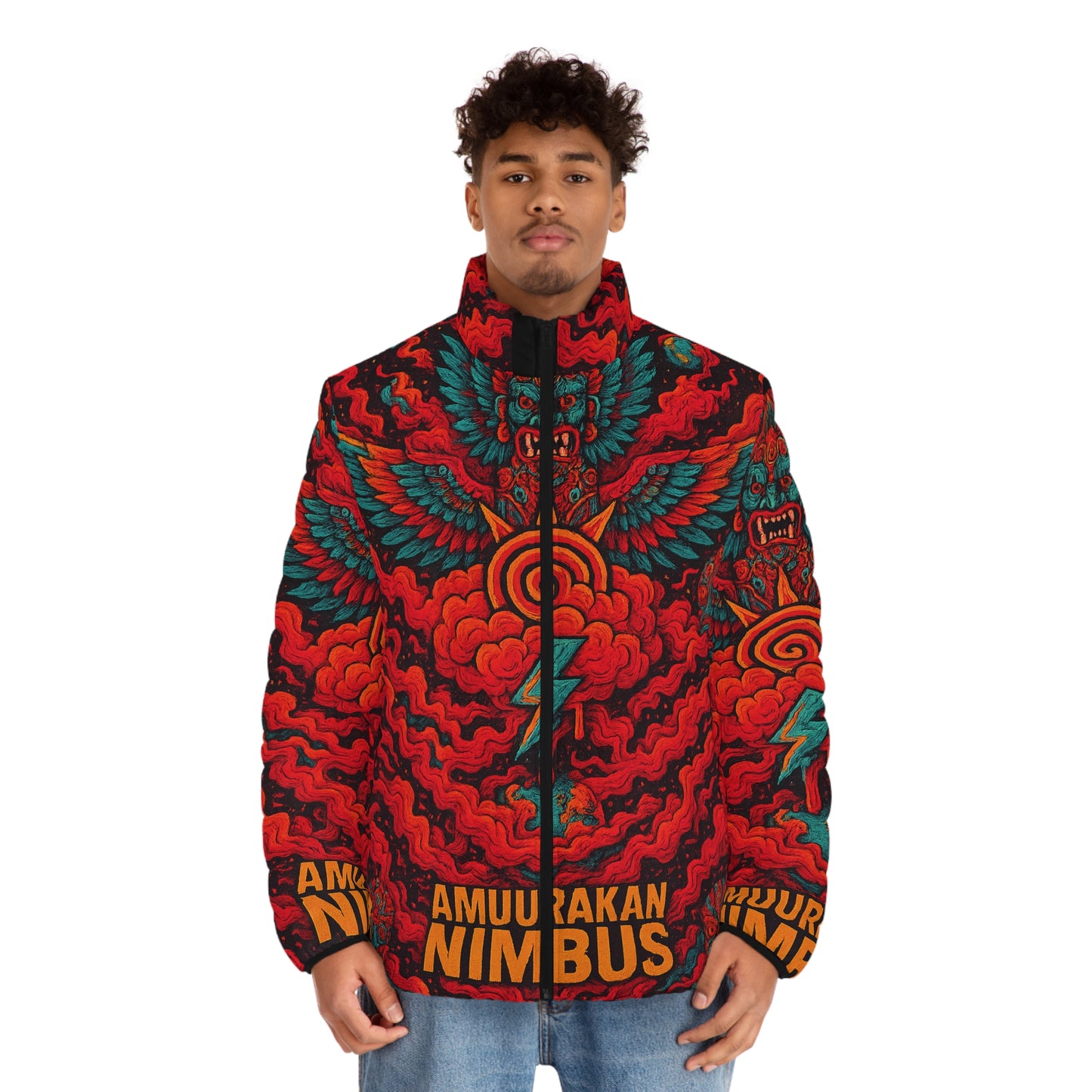 Nimbus Lightning Puffer Jacket — Bold Red Tribal Storm Graphic