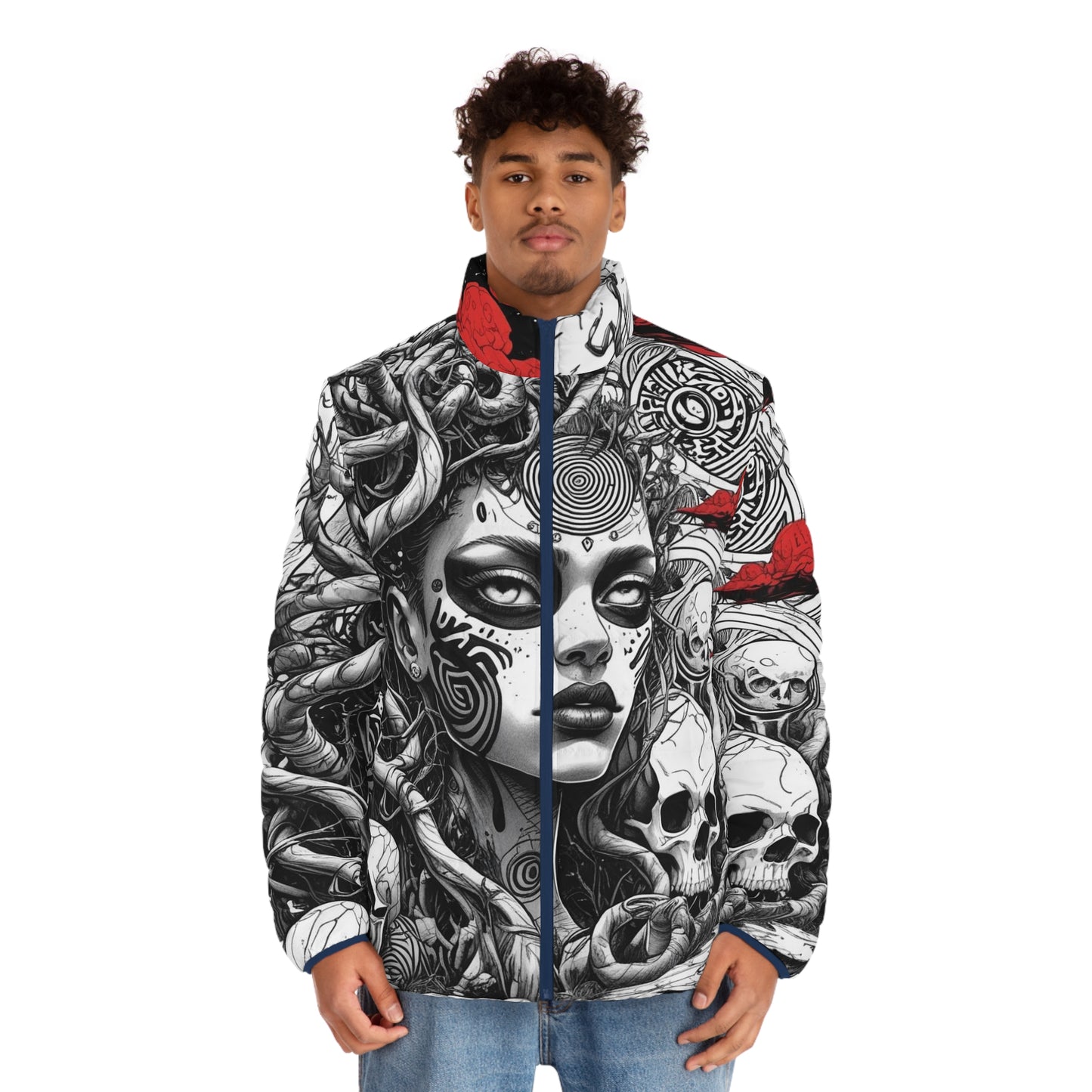 Skull Medusa Puffer Jacket — Gothic All-Over Print Men’s Jacket