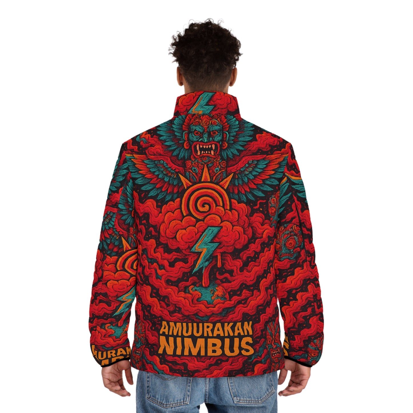 Nimbus Lightning Puffer Jacket — Bold Red Tribal Storm Graphic