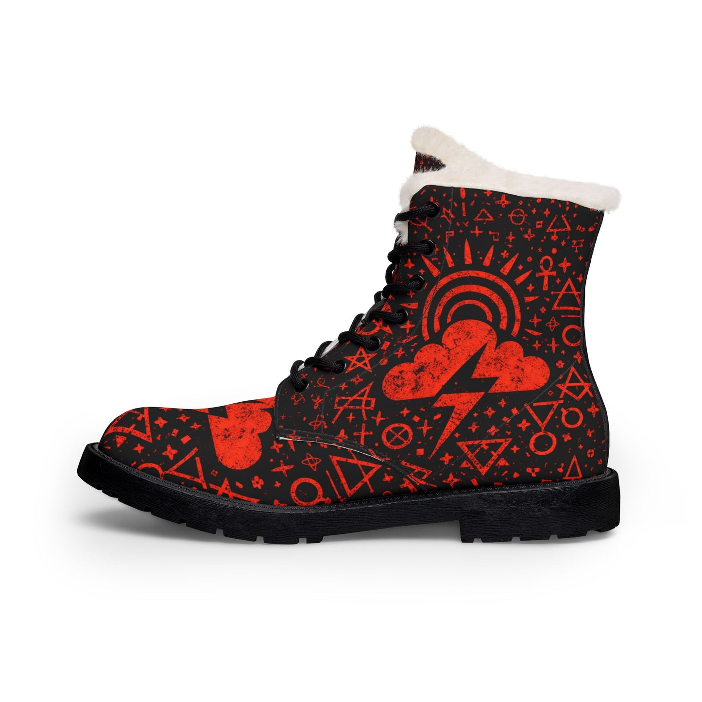 Men's Red Gothic Heart Lightning Fur-Lined Leather Boots