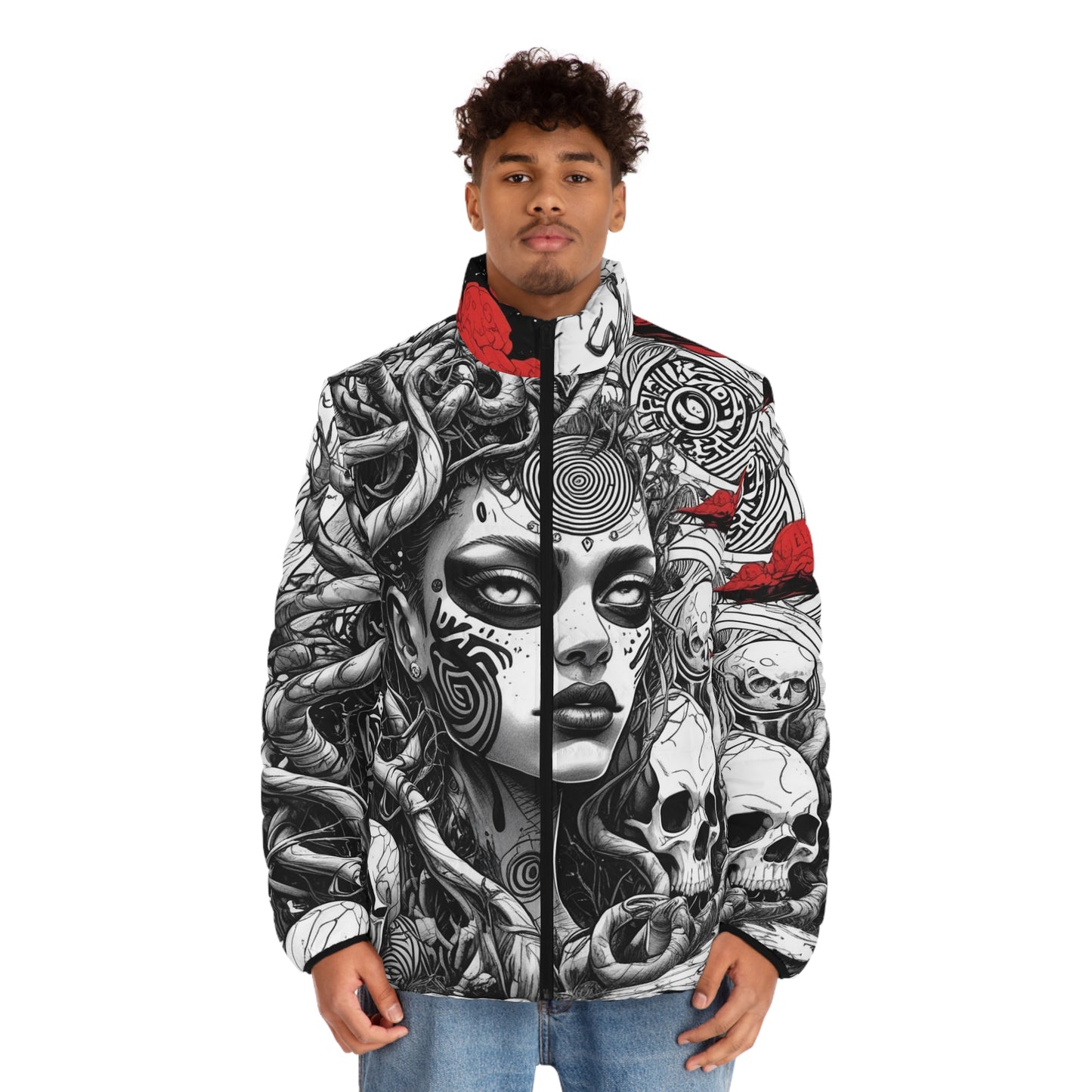 Skull Medusa Puffer Jacket — Gothic All-Over Print Men’s Jacket