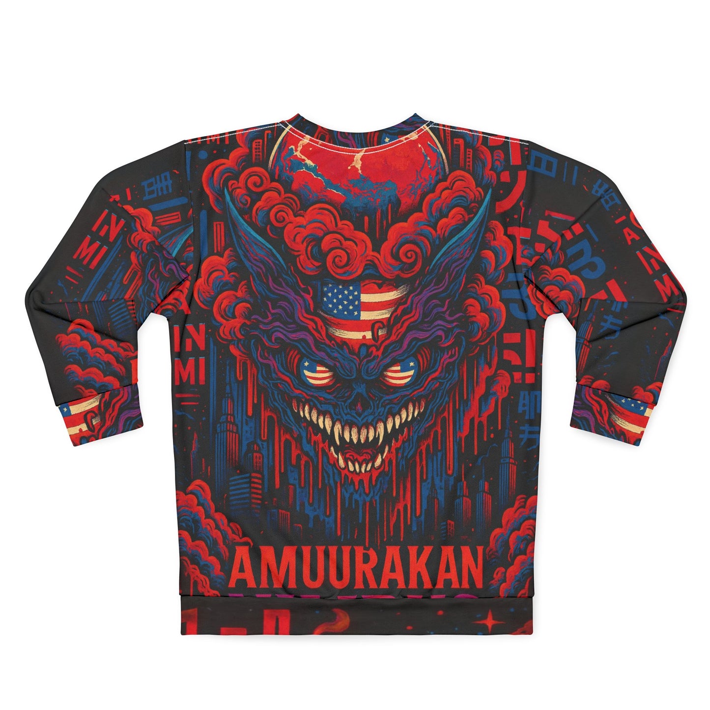 Nimbus Demon Crewneck Sweatshirt — Red & Blue Japanese Oni Graphic