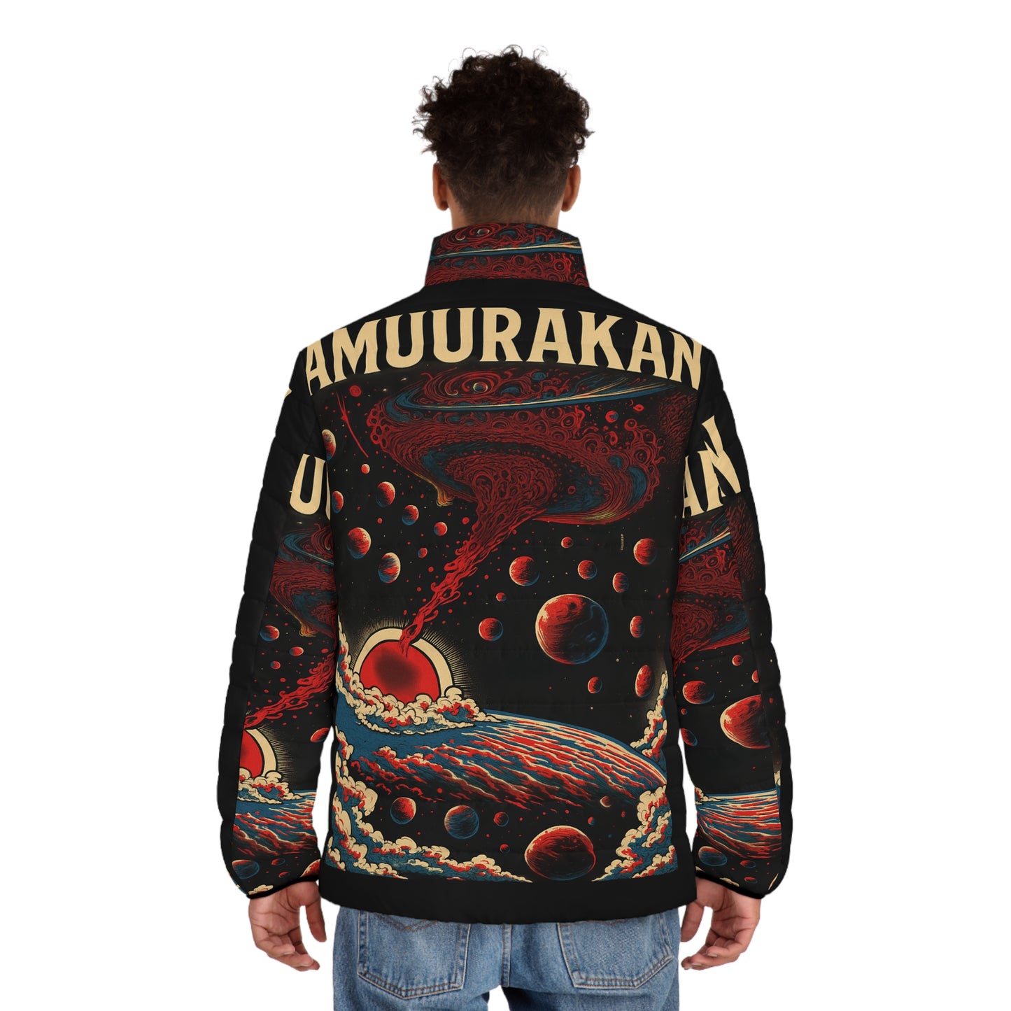 Cosmic Storm Puffer Jacket — AMUURAKAN Retro Space Graphic
