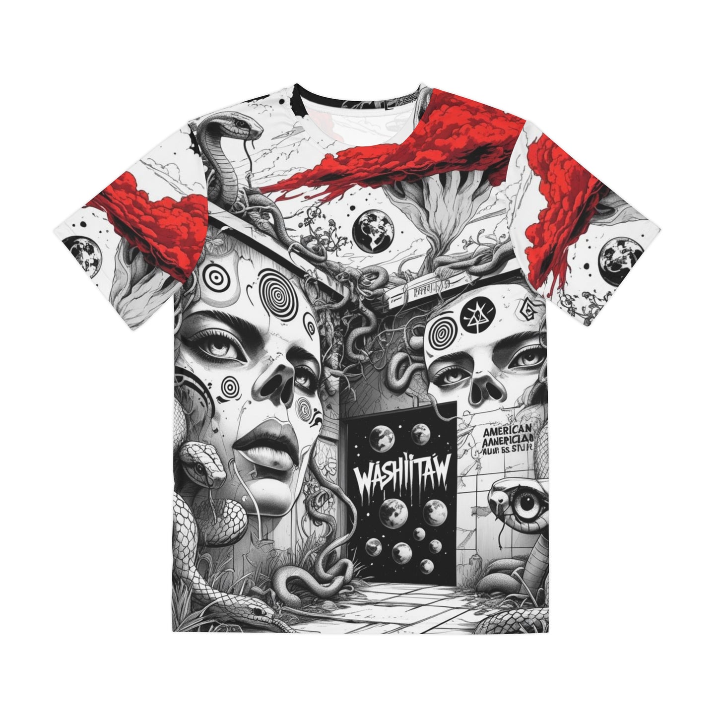Surreal Skull & Snake All-Over Print Tee — Red Accent Psychedelic Graphic Shirt