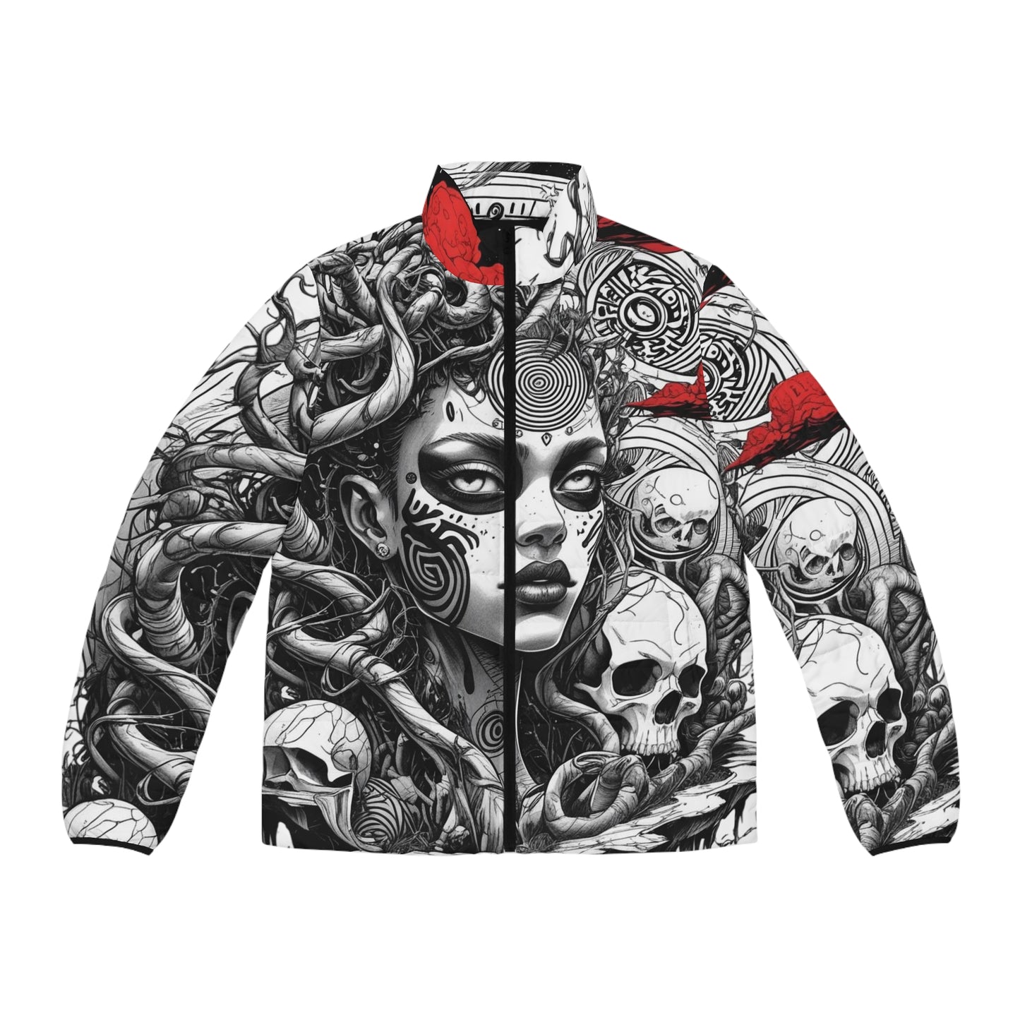 Skull Medusa Puffer Jacket — Gothic All-Over Print Men’s Jacket