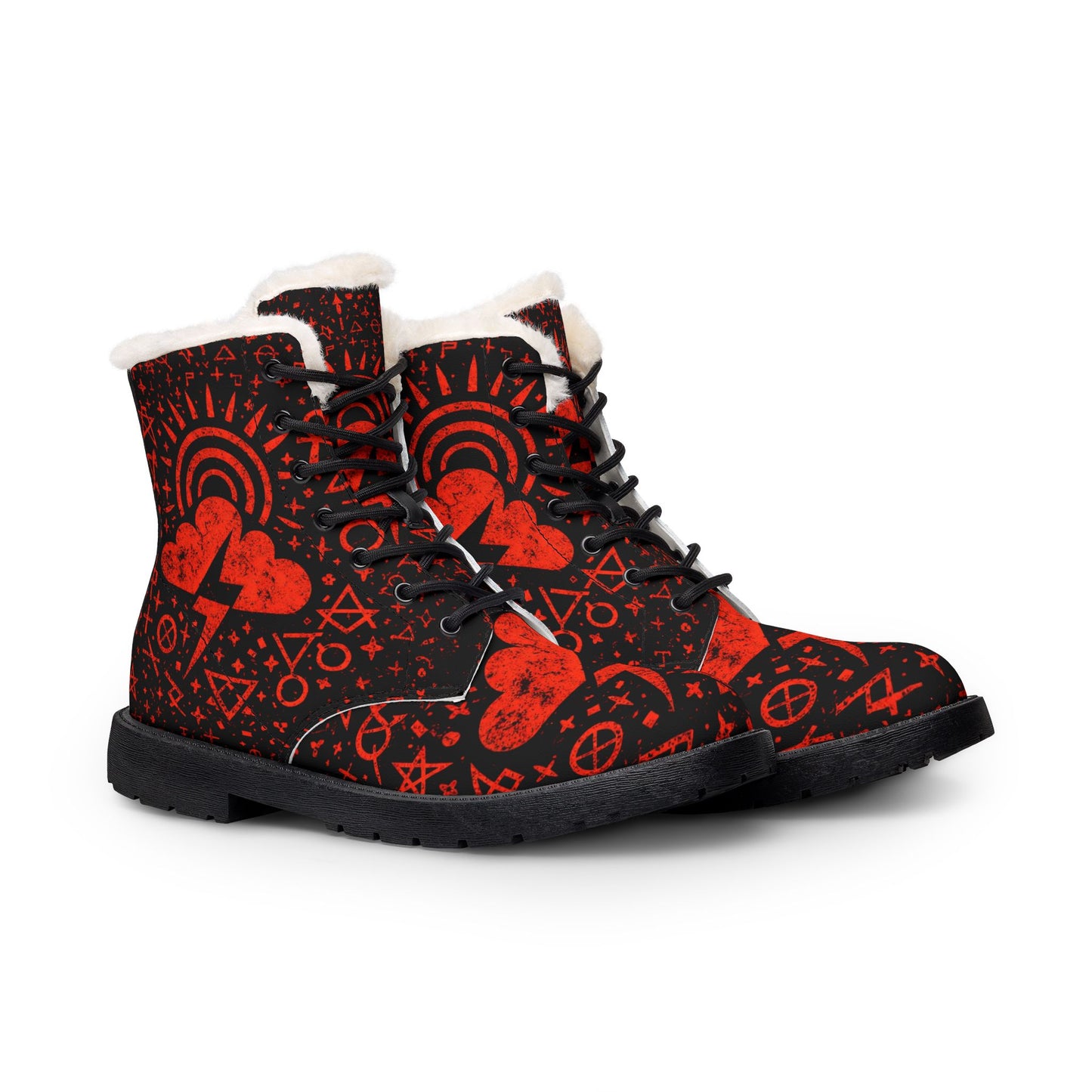 Men's Red Gothic Heart Lightning Fur-Lined Leather Boots