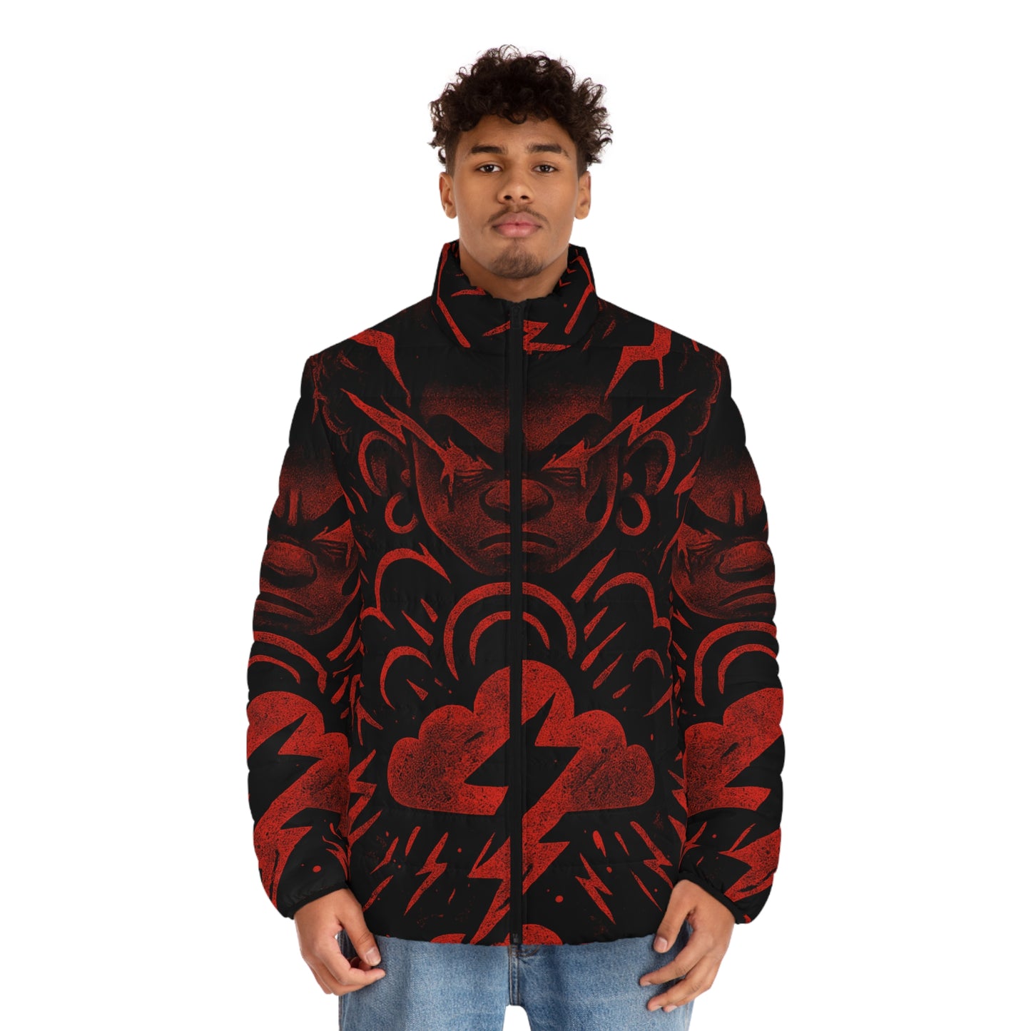 Bold Graphic Men's Puffer Jacket | Artistic Outerwear, Trendy Warmth, Casual Style, Streetwear, Unique Gift for Him