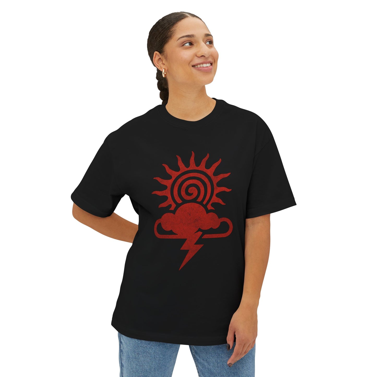 Weather-Themed Unisex Oversized Tee, Fun Graphic Top, Casual Summer Wear, Gift for Weather Lovers, Cloud and Sun Design