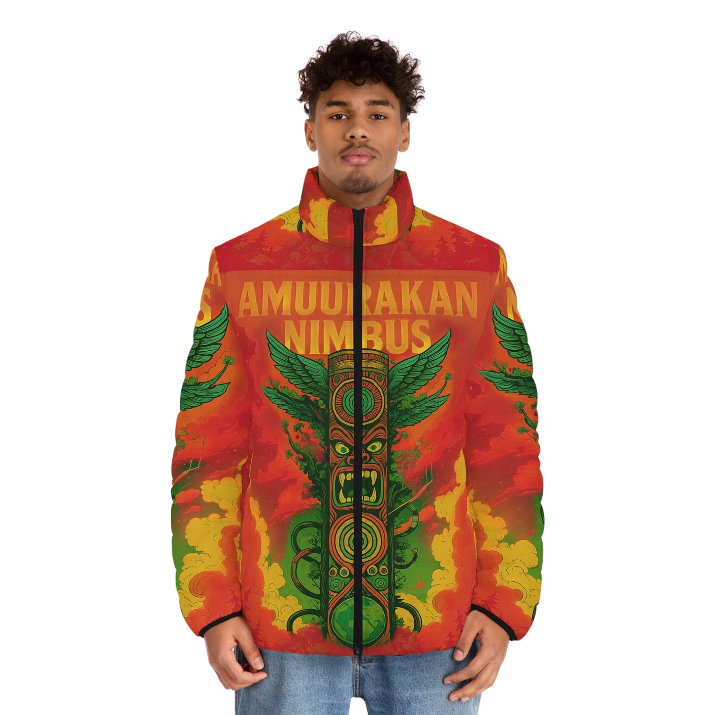 Men's Puffer Jacket with Bold Graphic Print, Unique Outerwear for Adventures, Vibrant Urban Style, Gift for Him, Fall Fashion Essential
