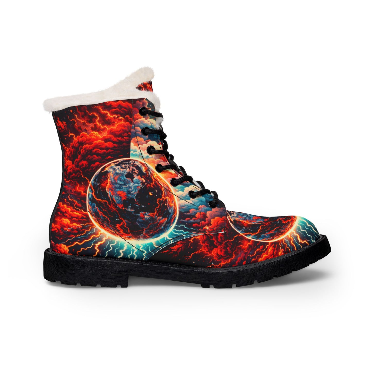 Men's Fur-Lined Leather Boots — Fiery Planet Graphic Winter Boots