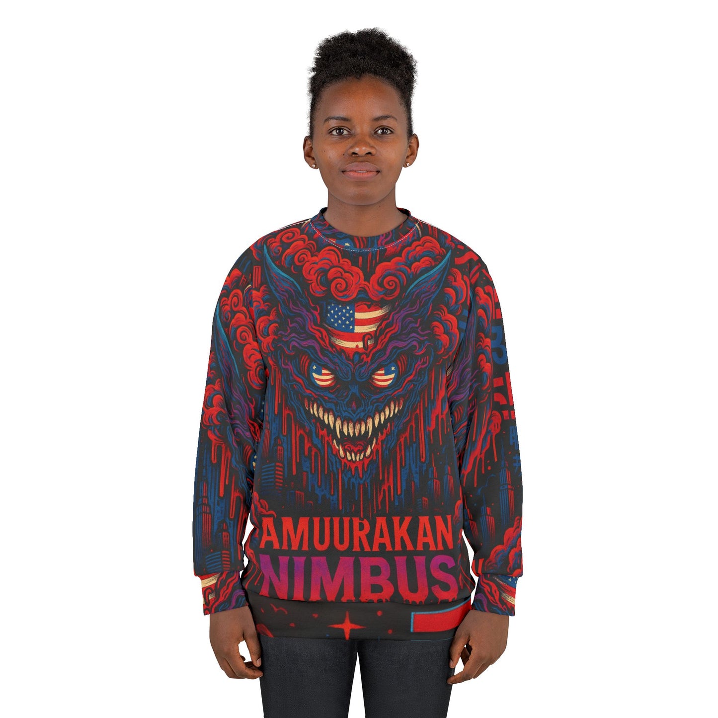 Nimbus Demon Crewneck Sweatshirt — Red & Blue Japanese Oni Graphic