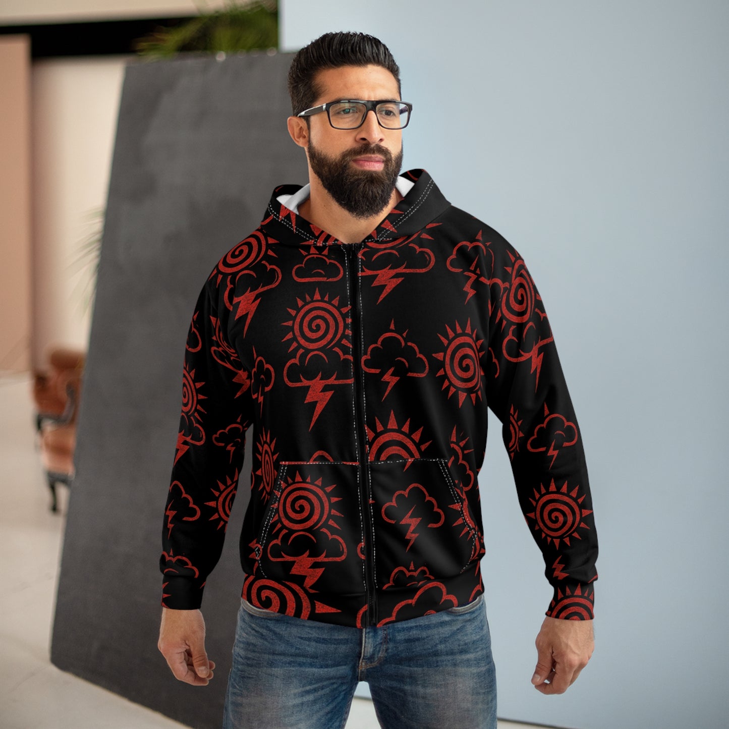 Bold Weather Patterns Unisex Zip Hoodie, Graphic Zip-Up Sweatshirt, Trendy Streetwear, Holiday Gift, Cozy Layering Piece