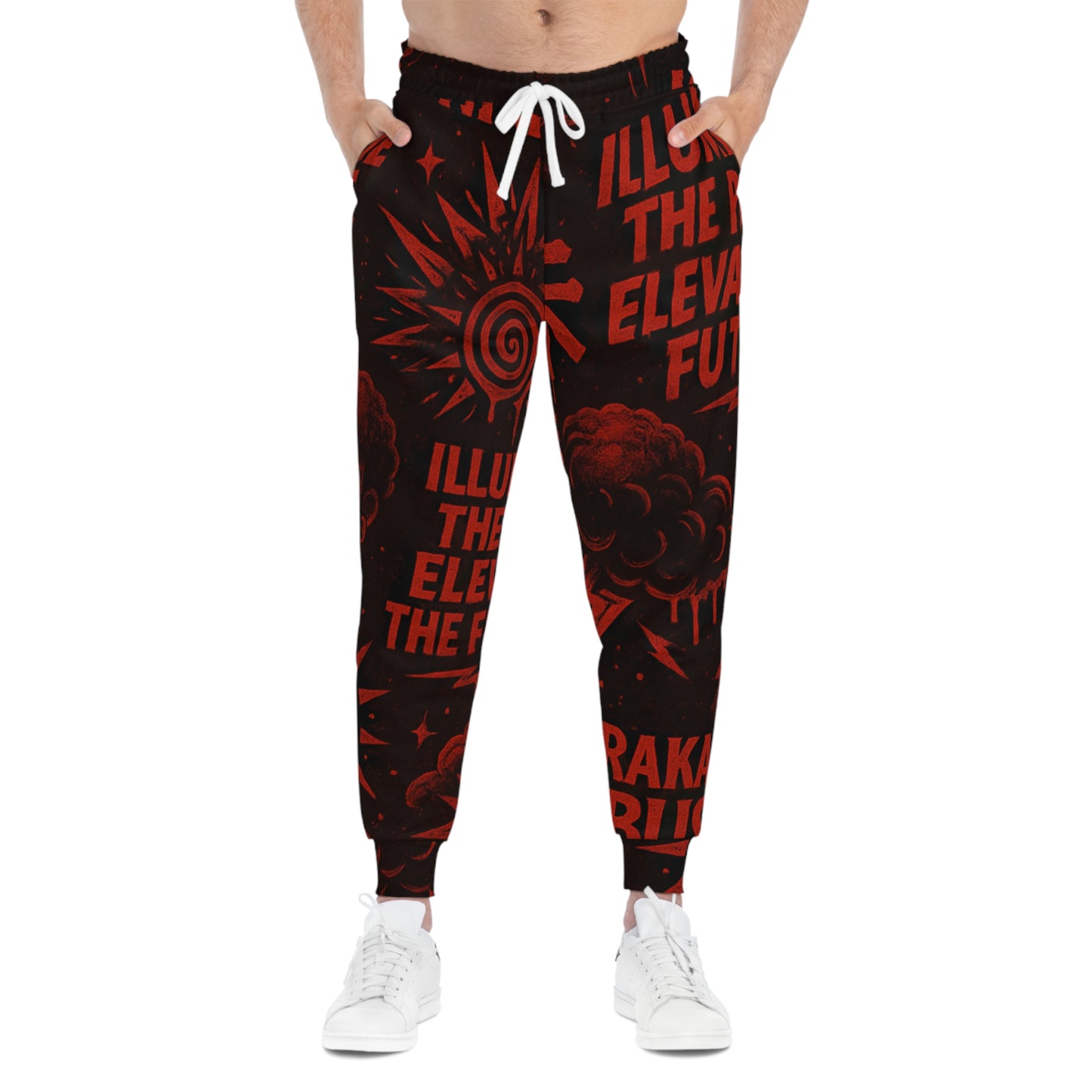 Red Typography Graphic Joggers — "Illuminate the Future" Athletic Sweatpants