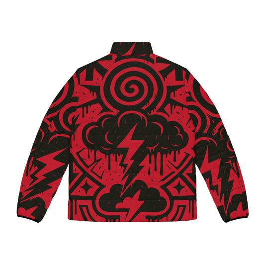 Bold Graphic Men's Puffer Jacket, Trendy Outerwear, Streetwear Style, Unique Design, Gift for Him, Casual Fashion