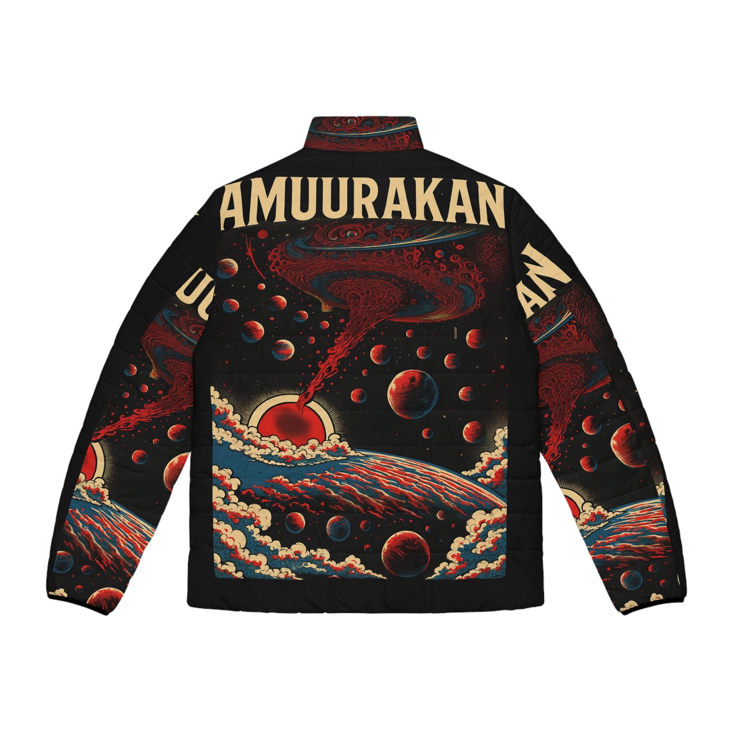 Cosmic Storm Puffer Jacket — AMUURAKAN Retro Space Graphic